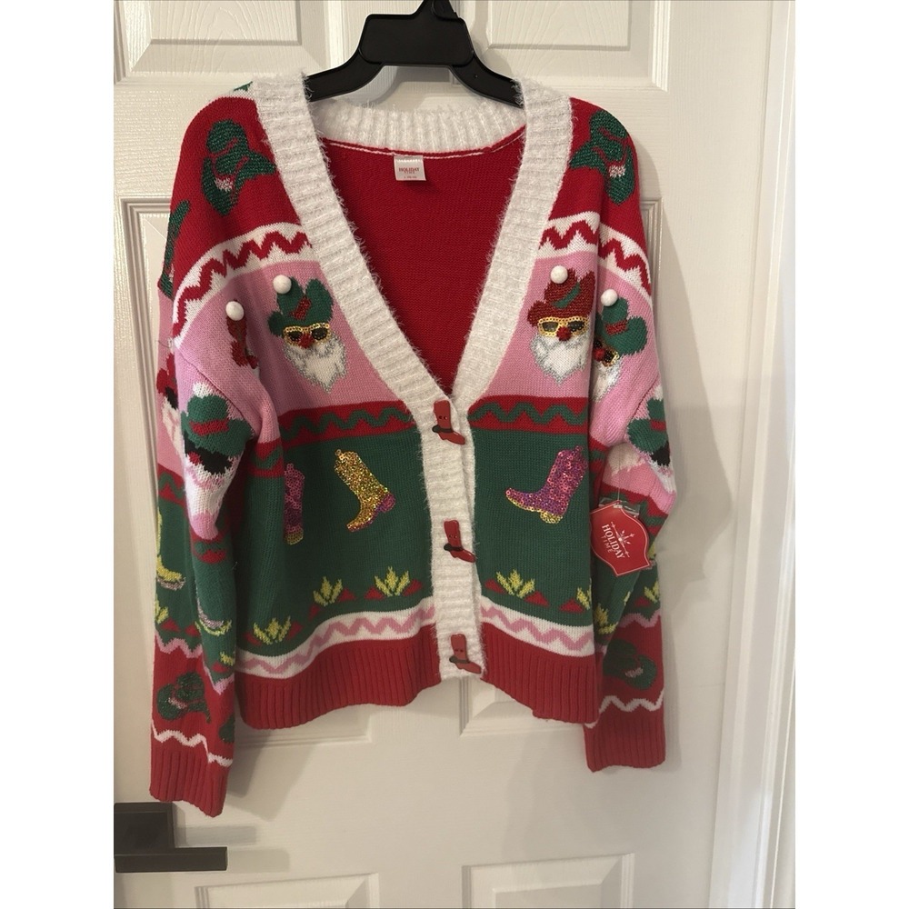 Holiday Time Cowboy Santa Boots Ugly Christmas Cardigan Sweater Womens L NWT